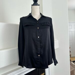 MOMA Chinese Brand Black Button-Up Silk Blouse Gold Buttons Size 34